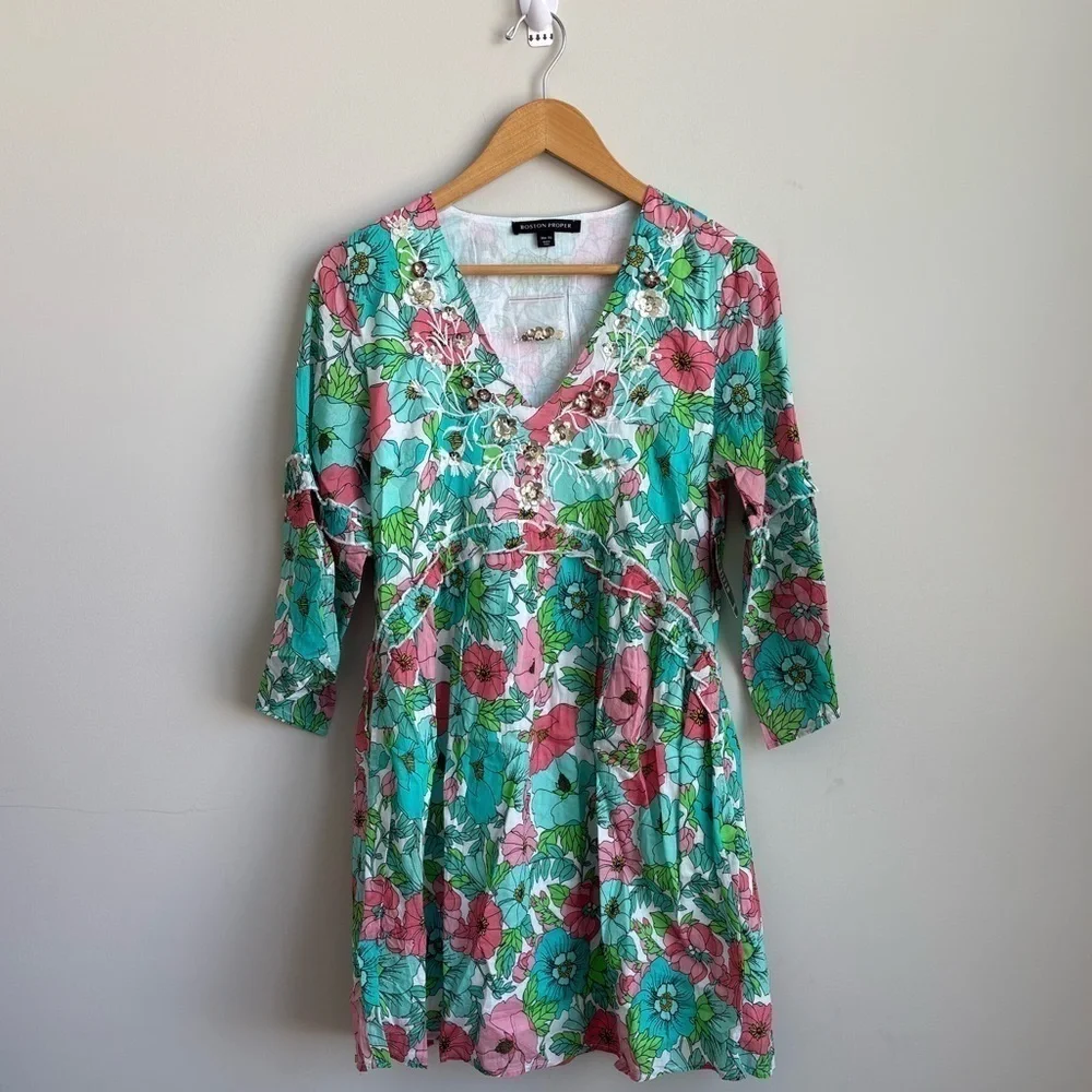 Boston Proper Bouquet Of Summer Embellished Peasant Dress XS NWOT